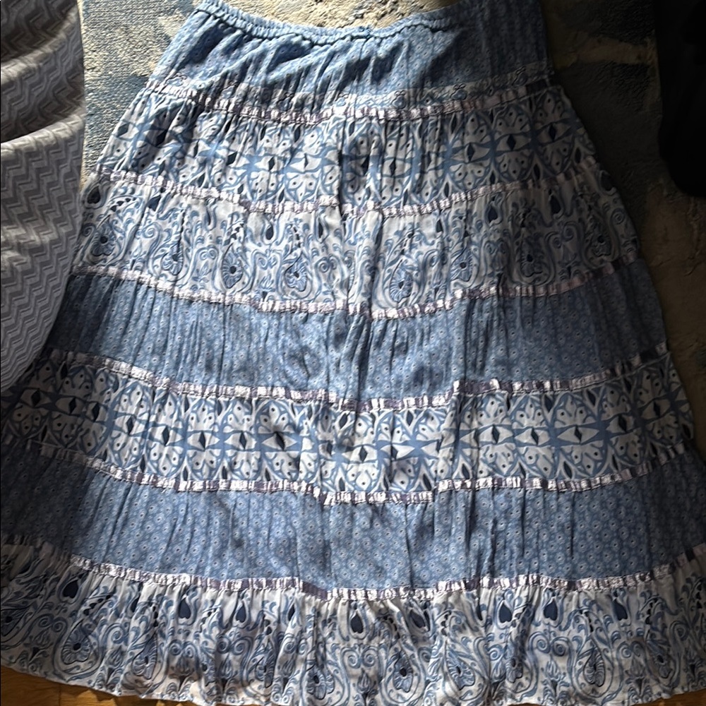 Blue Maxi A-Line Skirt with Pleated Tiered Design
